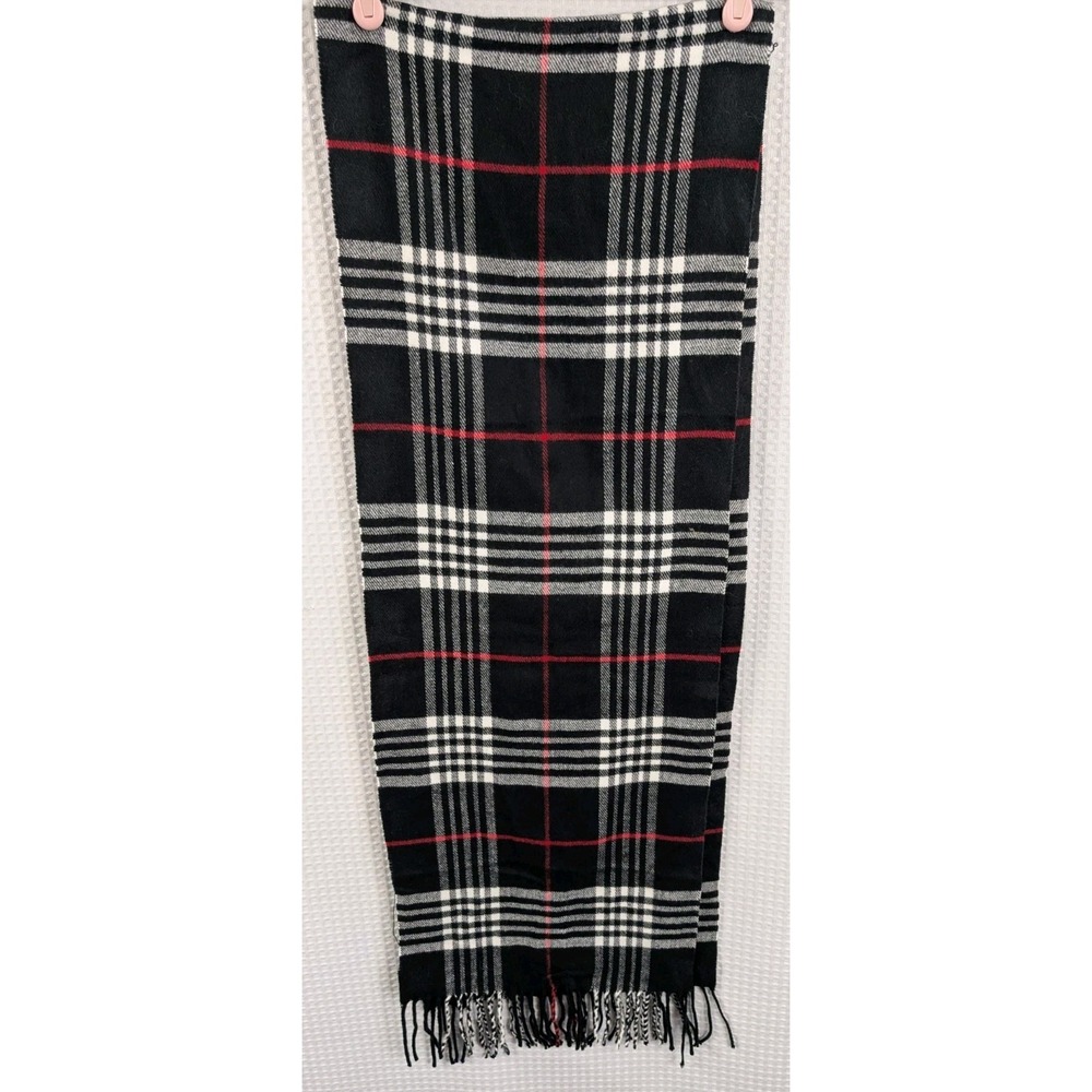 Italy Design Cashmere Feel 100% Viscos Black Plaid Scarf with Fringe NWOT